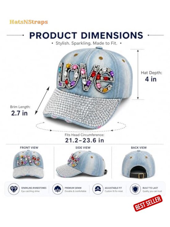 Shiny Bling Love Rhinestone Baseball Cap Summer Adjustable Mesh Ventilated Sun